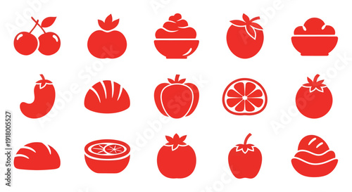 Set of fruit and vegetable icons in flat red silhouette style including tomato, cherry, chili, and healthy food elements