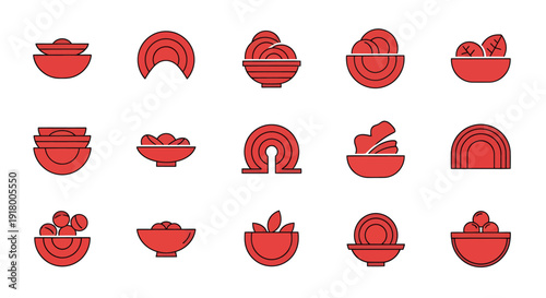 Japanese food icons set with ramen, sushi, and traditional cuisine bowls in flat line art style