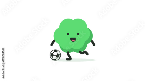 Adorable green cartoon character mascot happily kicking a soccer ball, playful sports illustration with a cheerful expression.