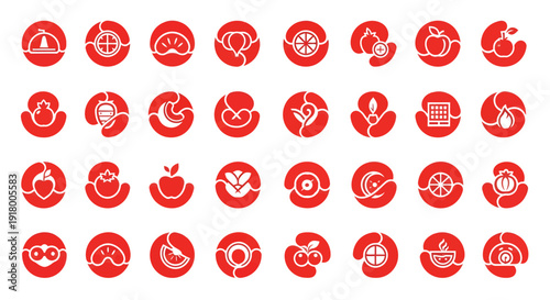 Set of Abstract Japanese Food and Fruit Icons in Red Circular Minimalist Style Illustration