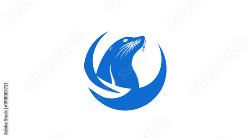 Stylized blue seal head looking up inside a crescent moon, modern abstract marine animal graphic design logo concept