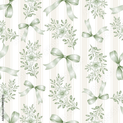Obraz na płótnie Seamless vintage watercolor floral pattern with sage green bows and delicate bot