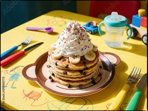 Kid Friendly Chocolate Chip Pancakes with Whipped Cream and Sprinkles