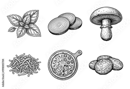 Vintage hand drawn pizza ingredients and whole pizza set featuring basil, onion, mushroom, shredded cheese, and pepperoni in an engraved woodcut style.