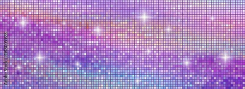 Fototapeta na wymiar Mirror tiled disco globe sparkles with iridescent reflections. 3D dance sphere features blue color holographic textures perfect for retro club flyers and party banners