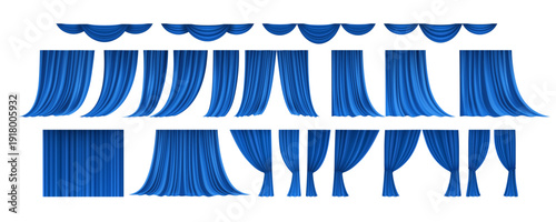 Luxury theater curtains in rich blue velvet. Realistic stage drapes with elegant fabric texture for cinema, opera, casino, or broadway performance backgrounds and decor