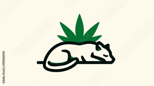 Minimalist sleeping animal with green cannabis leaf illustration. Simple vector art depicting relaxation, nature, and herbal concepts.