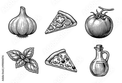 Set of hand drawn engraving style pizza slices and fresh italian ingredients including garlic tomato basil and olive oil.