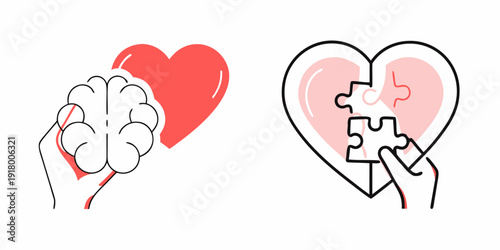 A hand holding a brain shaped puzzle piece fitting into a heart