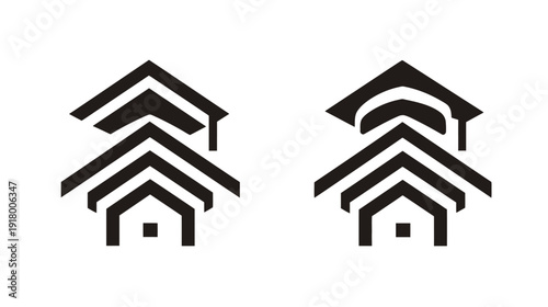 Abstract geometric house icons with stacked roof shapes and wireless signal symbol, minimalist smart home and real estate design
