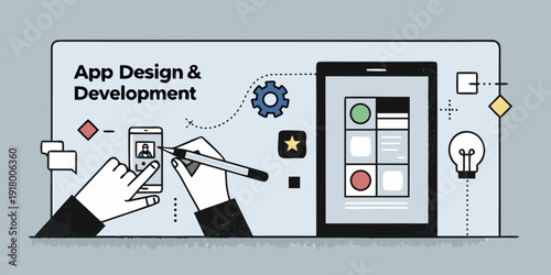 App design and development illustration featuring a hand interacting with a phone