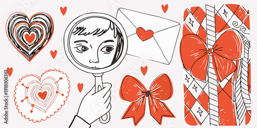 A whimsical illustration featuring hearts a mirror and gift elements