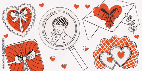 Sketch depicts a man with hearts gifts and a magnifying glass