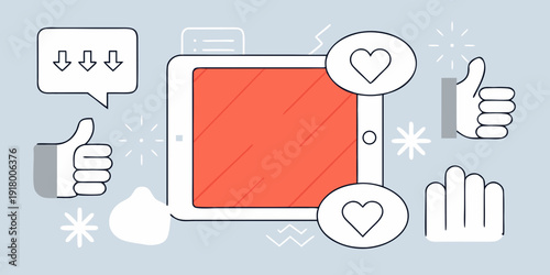 Social media interaction icons displayed around a red tablet screen