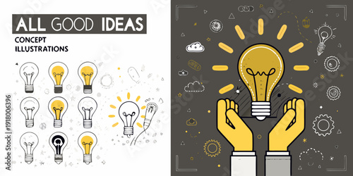 Creative concept hands holding a lightbulb with idea illustrations