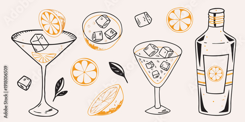 A collection of hand drawn cocktail glasses citrus and ice cubes
