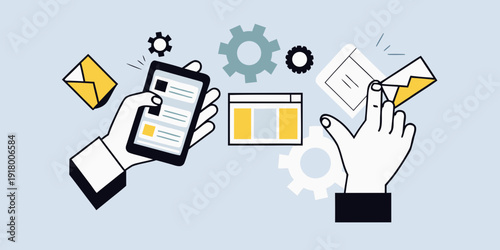 Digital communication and automation concept with hands phone and gears