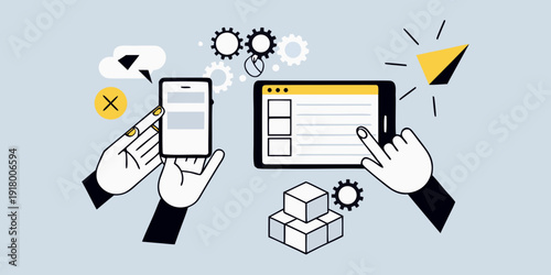 Digital interaction hands using smartphone and tablet with gear icons