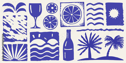 Blue and white graphic pattern featuring summer icons and abstract shapes