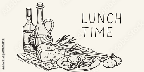 Sketch of a lunchtime spread with wine cheese and fresh produce
