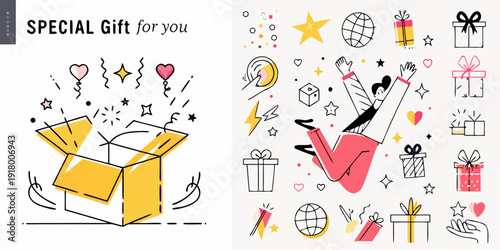 A special gift box with celebratory elements and hand drawn illustrations