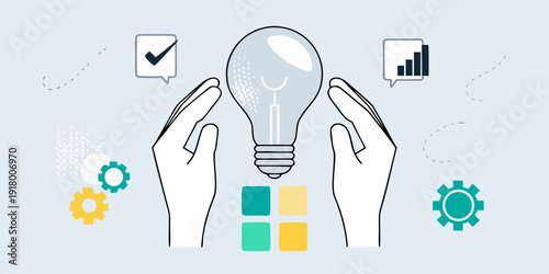 Hands carefully holding a glowing lightbulb representing innovation and success
