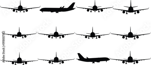 Set of Airplane Silhouette Illustrations Featuring Frontal and Side Views of Aircraft in Black-and-White Stylized Artwork