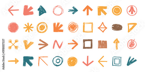 Colorful hand drawn arrows and shapes on white background