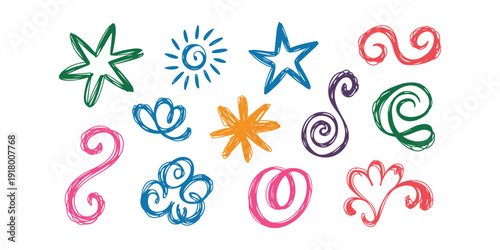 Colorful hand drawn shapes and symbols star swirl heart flower in white background