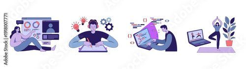 Flat Vector Remote Professional Activities Character Element Kit for Modern Digital Lifestyle and Freelance Work