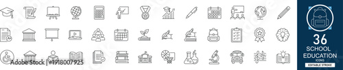 School education line icon set with 36 icons school, education, learning, student, teacher, classroom, study, university. Clean linear vector, editable stroke for academic projects.