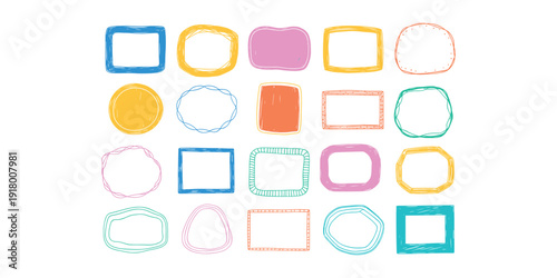 Colorful hand drawn shapes with empty white centers in white background