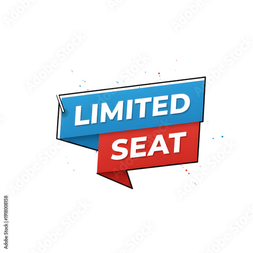 Limited seat availability banner with red and blue 3D ribbon design for business promotions and events