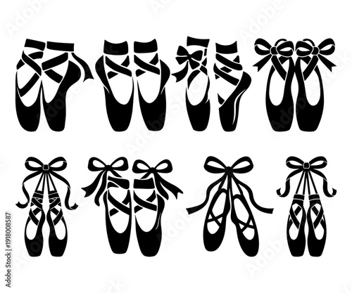 Classic Ballet Pointe Shoes Collection, Elegant Dance Slippers With Ribbons, Black And White Minimal Vector Illustration For Dance And Fashion Designs