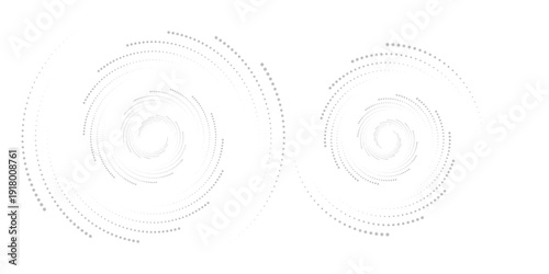 Modern abstract background. Halftone dots in circle form. Spiral logo, icon or design element. Black dots on a white background and white dots on the black side.