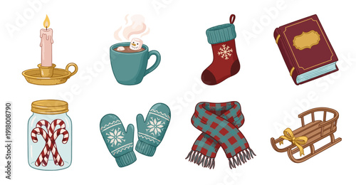 Winter Cozy Holiday Elements Set, Hand Drawn Vector Illustration