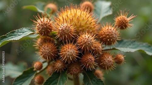 Cluster of Spiky Chestnut Burs on Branch With Green Leaves Macro Nature Close-Up