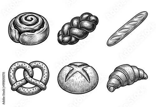 Vintage woodcut style collection of assorted bakery products including baguette pretzel croissant cinnamon roll braided bread and sourdough loaf