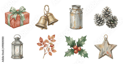 Rustic Watercolor Christmas Elements Set, Winter Icons Illustration