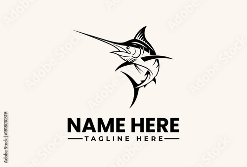 A black and white illustration of a marlin fish logo with a placeholder name and tagline on a light beige background.