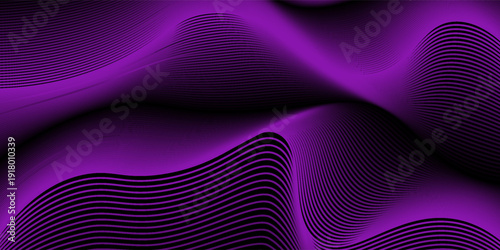 Dynamic abstract dark background. Wavy lines of rich neon, purple shades on a deep black background. Thin, bright stripes create the effect of glow, movement, fluid, flowing light energy.