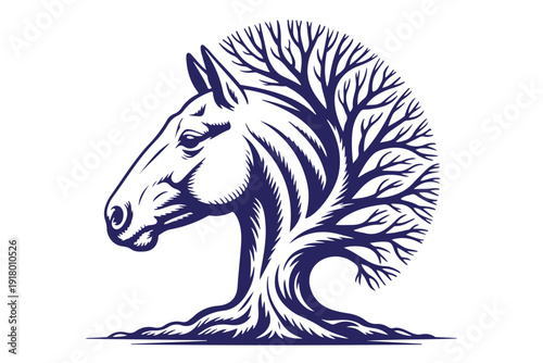 Horse head silhouette formed by tree branches and roots on transparent background, symbolic of nature and strength, abstract art