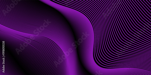 Dynamic abstract dark background. Wavy lines of rich neon, purple shades on a deep black background. Thin, bright stripes create the effect of glow, movement, fluid, flowing light energy.