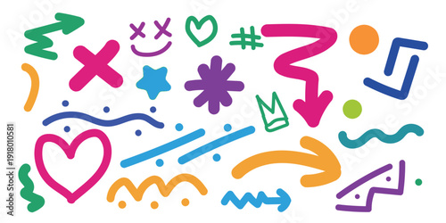 Hand drawn Colorful doodle symbols and shapes pack set