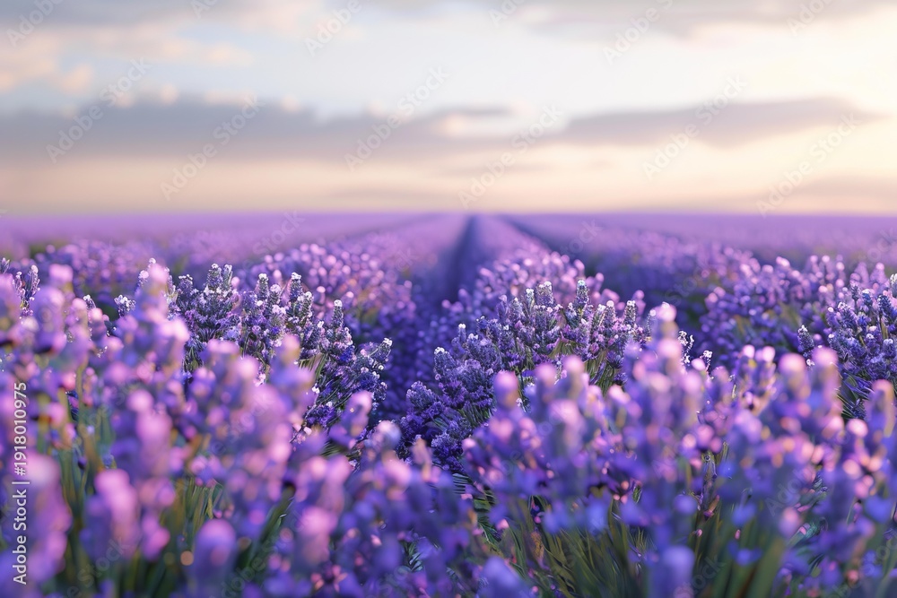 Obraz premium Lavender flowers blooming in rows in a field at sunset, creating a picturesque landscape