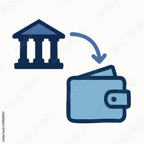 : Flat corporate vector showing IRS tax refund direct deposit from bank icon to wallet with flowing arrow in navy and light blue palette.
