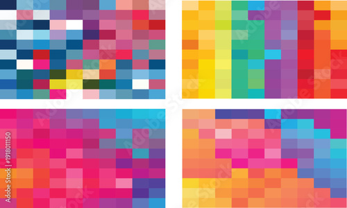 Abstract Vibrant Pixelated Geometric Background Set with Colorful Mosaic Squares Rainbow Digital Patterns and Creative Multi Color Block Textures for Modern Design