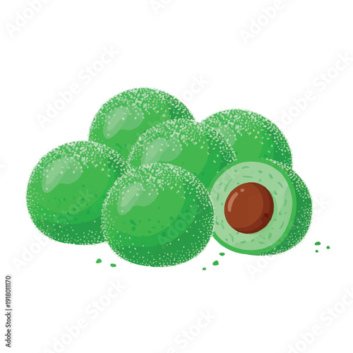 Illustration of green sugar coated chocolate truffles with one cut open.