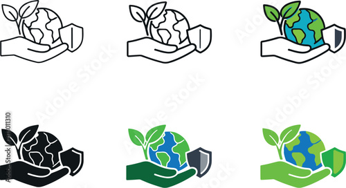 Environmental protection concept icon showing a hand holding the Earth with leaves and a shield, symbolizing sustainability,