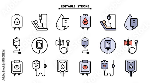 IV Icon Set: Outline and Color Symbols for Infusion Pump, Drip Stand, Saline Bag and Intravenous Line Setup